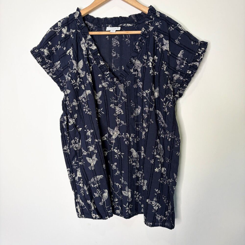 J Jill Top Blouse Boho Bohemian Navy Blue Birds Nature Textured Women Small